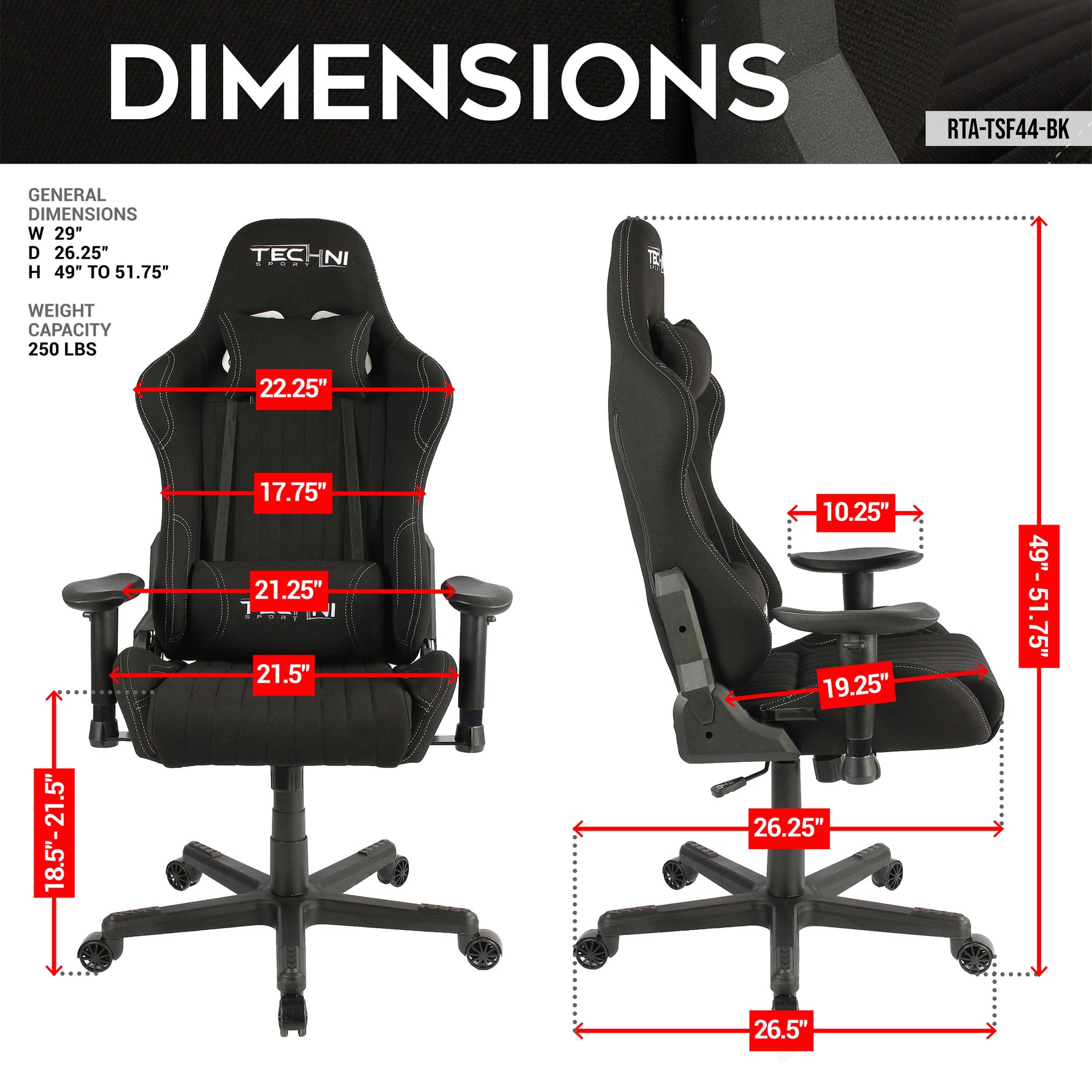 Black gaming chair with dimensions.