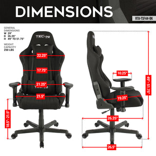 Black gaming chair with dimensions.