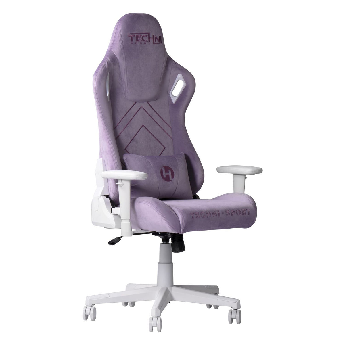 Purple gaming chair with white accents on a white background 