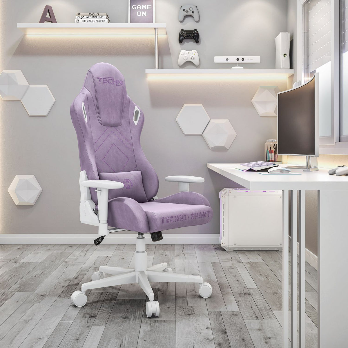 Purple gaming chair in a modern office setup with a desk and computer. 