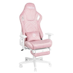 Pink ergonomic gaming chair with a lumbar pillow, built-in headrest, and footrest.