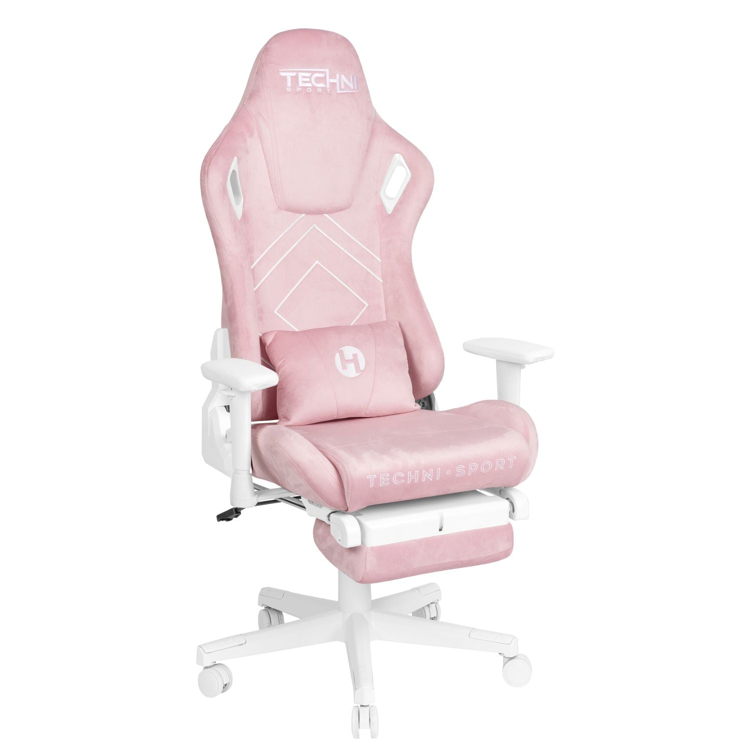 Pink ergonomic gaming chair with a lumbar pillow, built-in headrest, and footrest.