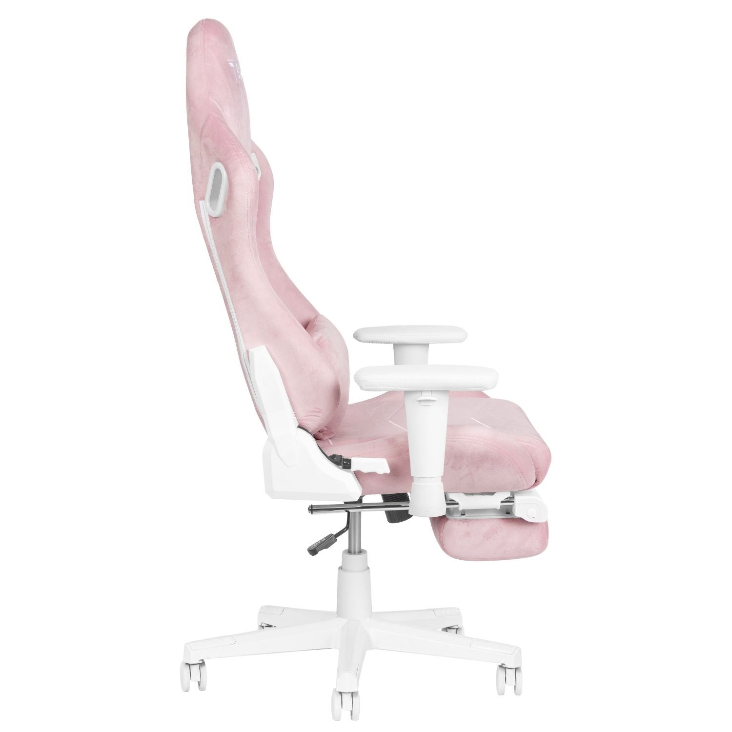 Pink gaming chair with durable construction, premium upholstery, smooth-rolling wheels, and a tilt/rocking function.