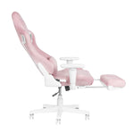An adjustable pink and white gaming chair with a footrest.