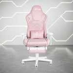 Pink and white gaming chair with a headrest and lumbar pillow.