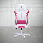 White and pink gaming chair with a headrest and lumbar pillow.