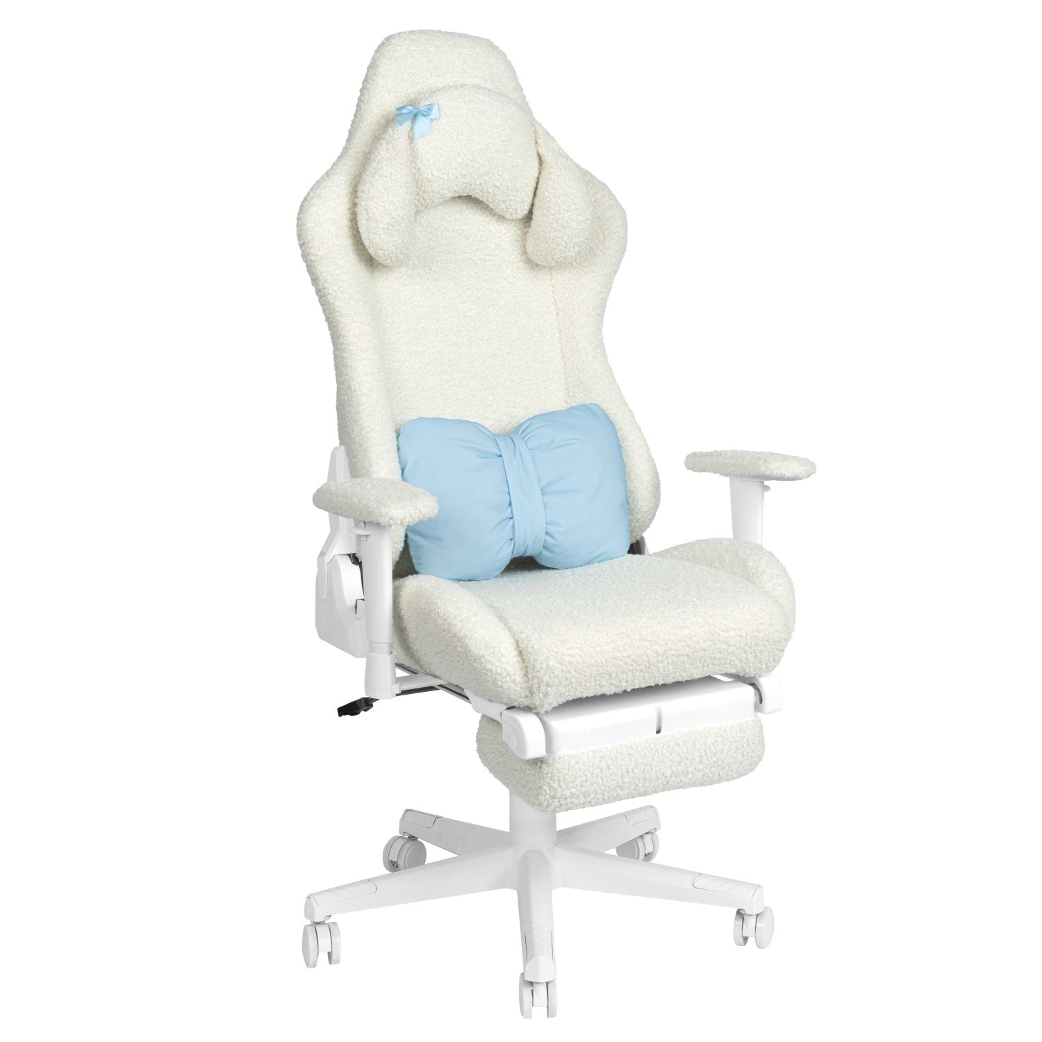 Bunny gaming chair with a soft wool-like fabric, a Cinnamoroll-inspired headrest, a blue bow-shaped lumbar pillow, and a footrest.