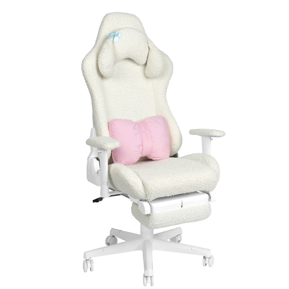 Cream-colored sherpa gaming chair with a pink bow-shaped lumbar pillow and a retractable footrest.