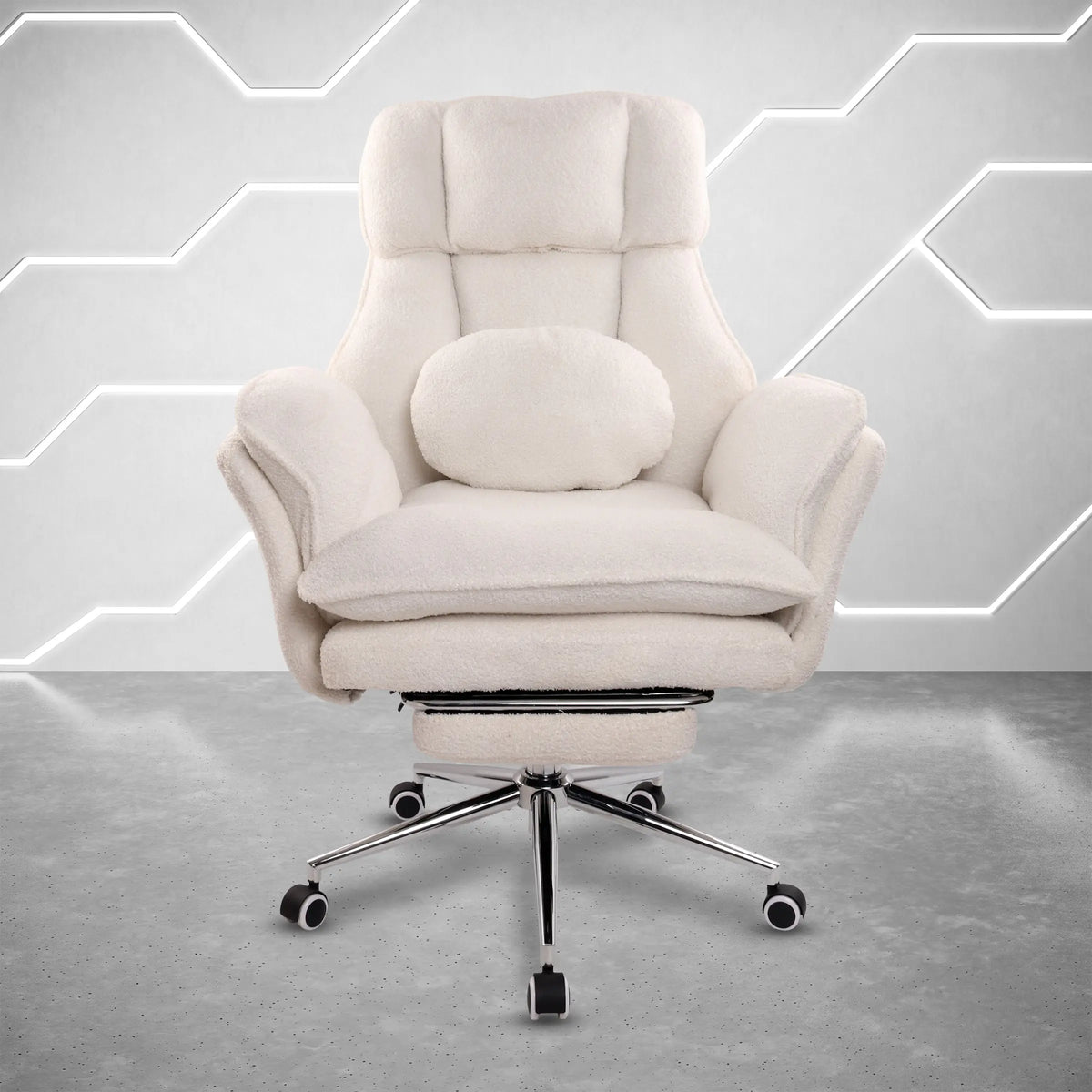 A cream-colored high-back lounge chair with a matching round cushion and footrest, set on a chrome rolling base against a modern gray wall with geometric light accents. #white
