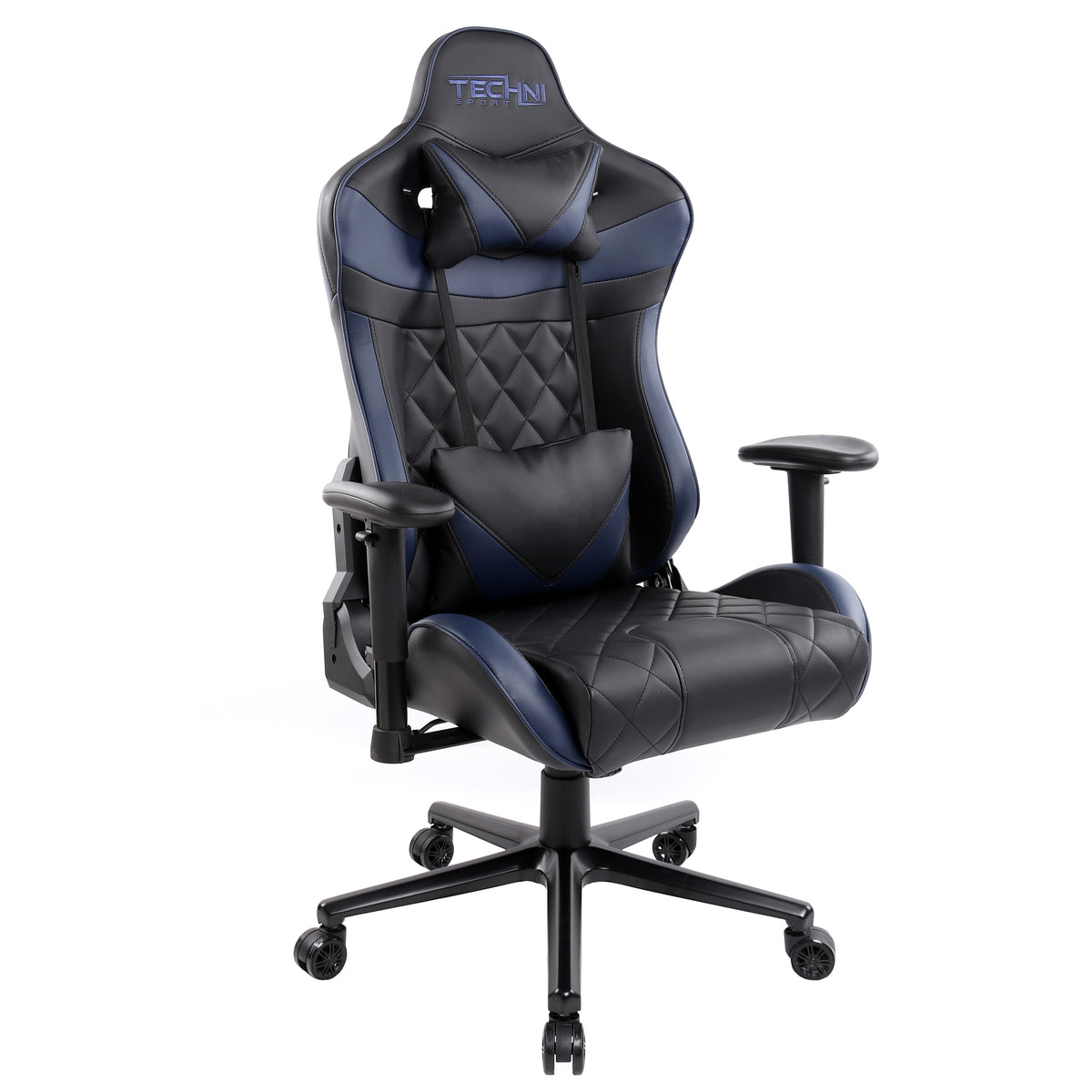 Black and blue gaming chair with quilted design on a white background 