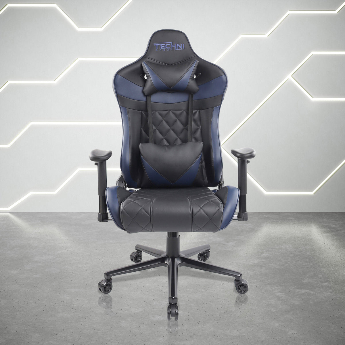 Black and blue ergonomic chair with 'Techni' branding on a modern background 
