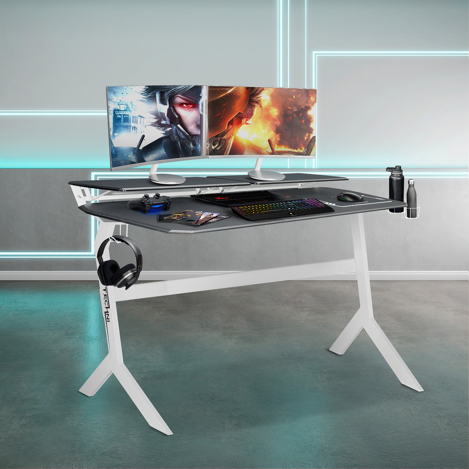 Sport Gaming Desk Two Way Computer Desk with Elevated Monitor