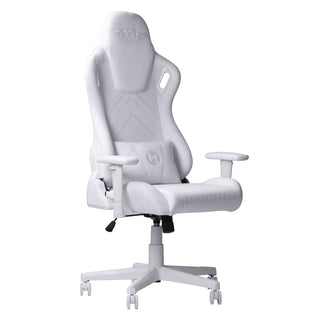 Velvet white gaming chaair shown at an angle against a white background. This white gaming chair features stain resistant velvet like fabric, and a removable velvet white lumbar pillow