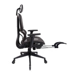 This side view demonstrates the mesh with all black hardware. Here it is shown with the footrest opened. 