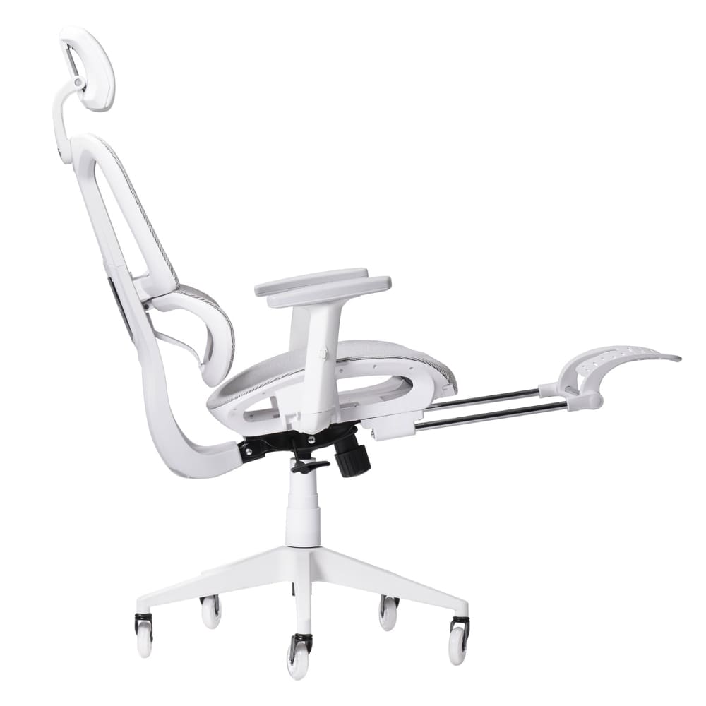 Side view of white gaming chair with foot rest, the airflex 2.0 technisport gaming chair. It features light grey mesh with all white hardware for an all white appearance. The white footrest fully pulls out making in one of the best gaming chairs for comfort gaming. 