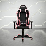 Black and pink gaming chair with armrests and wheels.