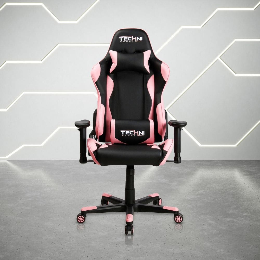 Black and pink gaming chair with armrests and wheels.
