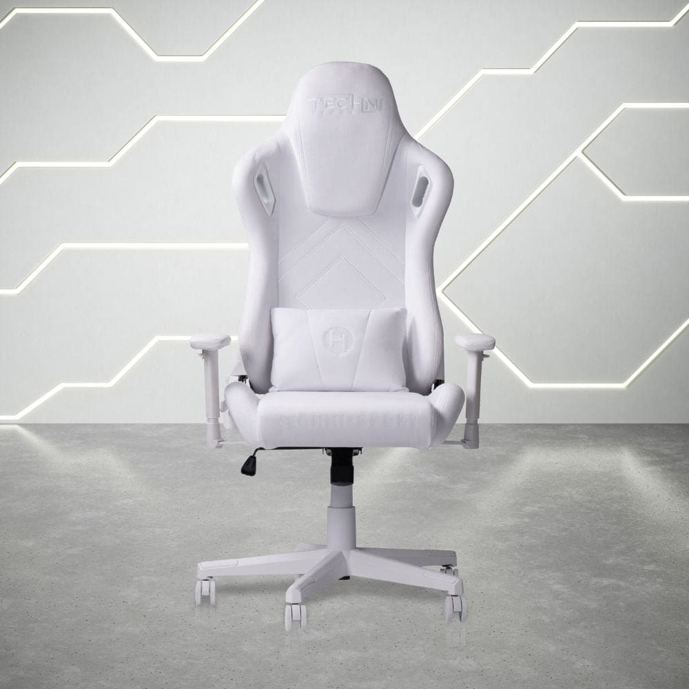 White gaming chair with a lumbar pillow and armrests.  