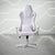 White gaming chair with a lumbar pillow and armrests.