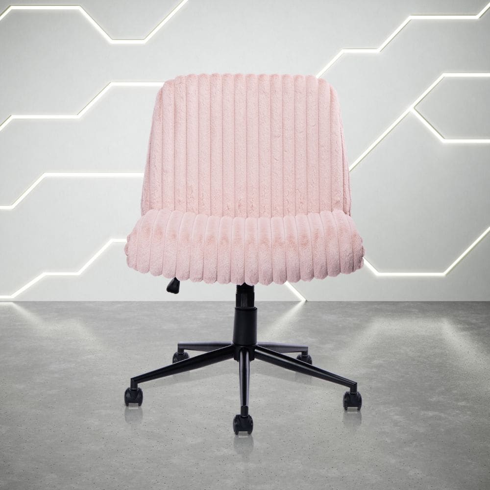 Pink criss cross chair with wheels and steel frame.   