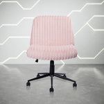 Pink ribbed office chair with a five-star base and casters.