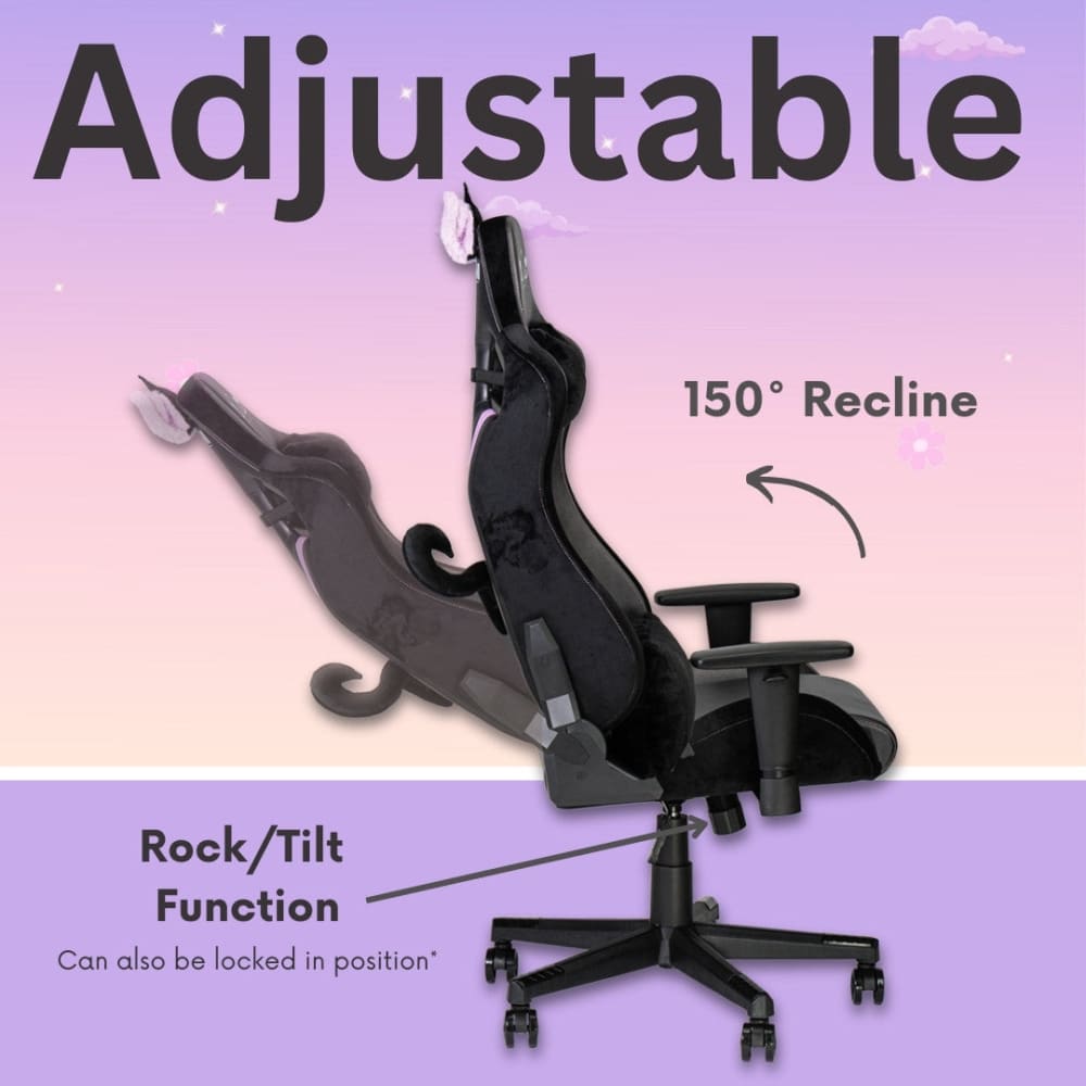 Side diagram showing 150° reclining, rock/tilt function, and cushioned arm rests on a gaming chair.