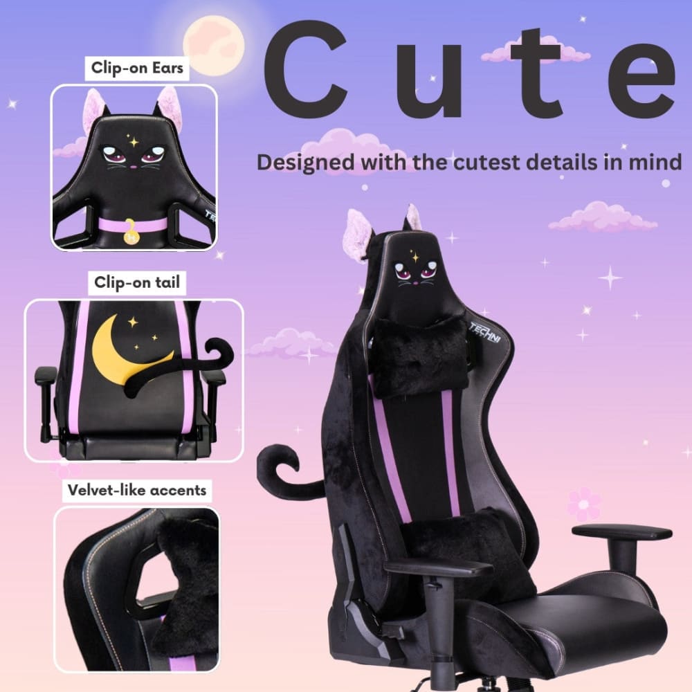 The cat gaming chair by technisport has all the cutest features for your gaming setup including detachable ears and tail, velvet accents and a printed cat and moon design. 