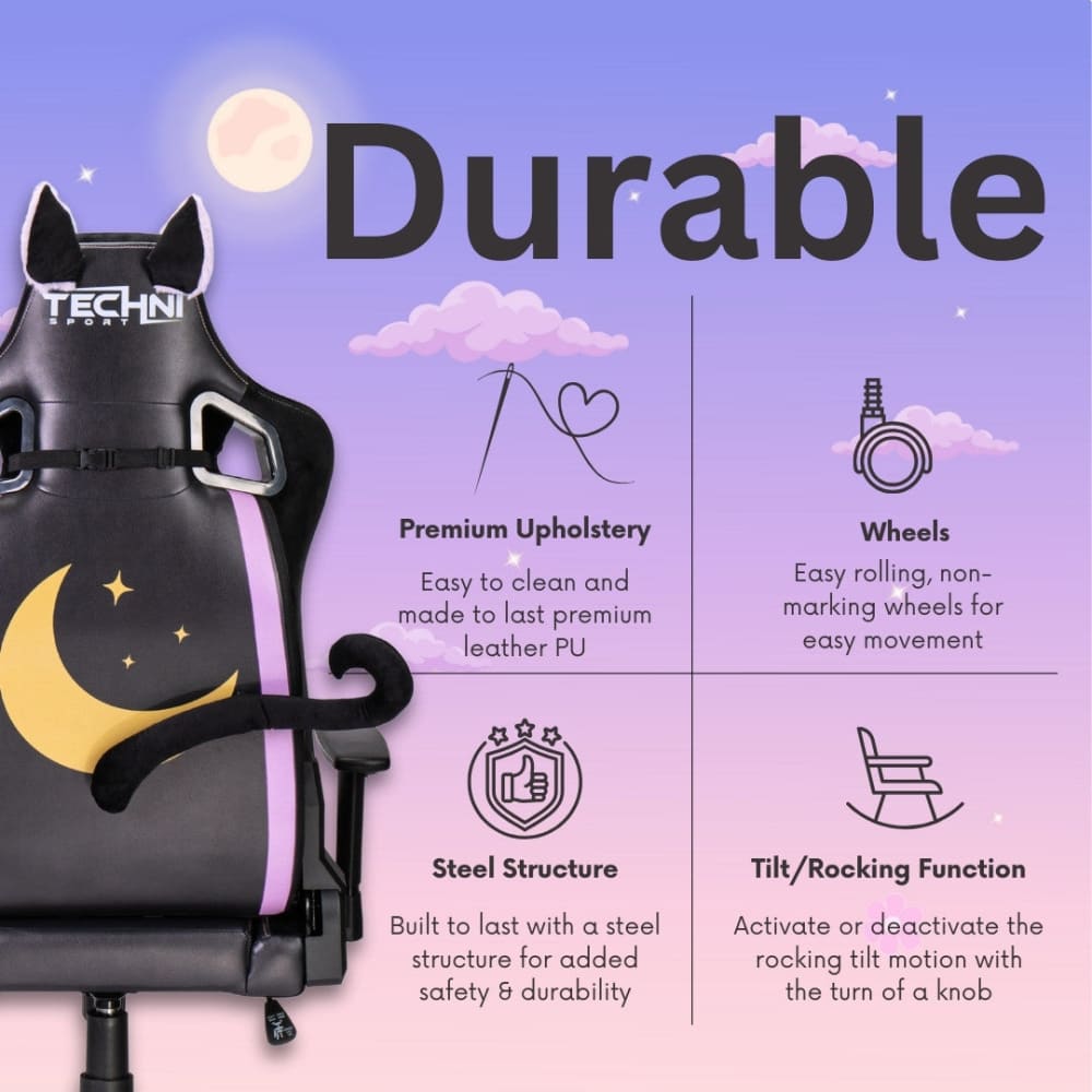 Druability of the black cat gaming chair for your gaming room setup boasts premium upholstery, easy rolling wheels and a steel structure. 