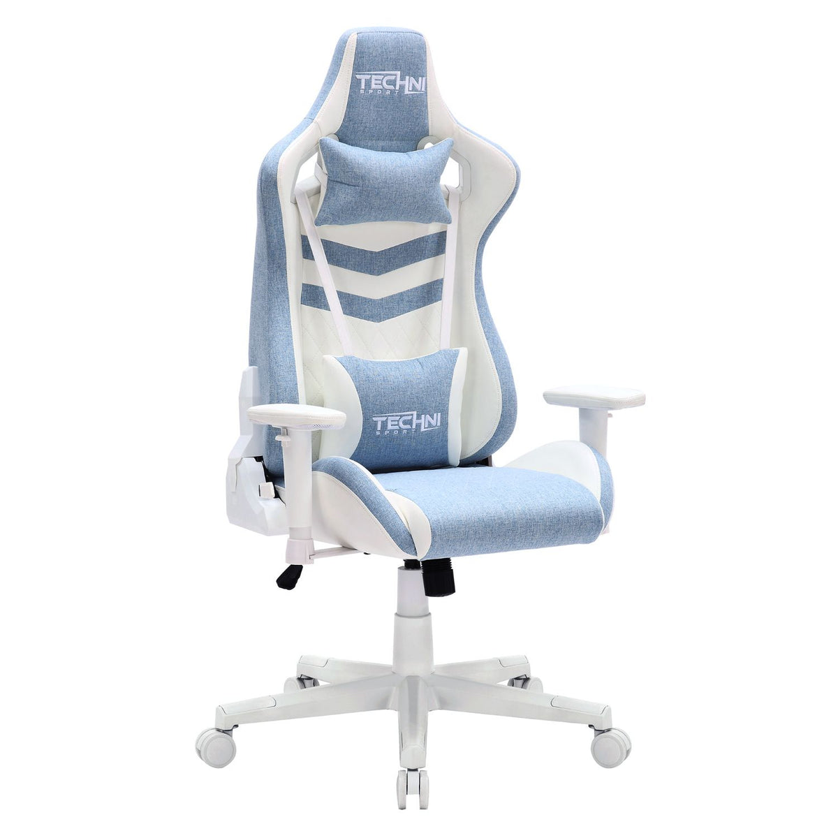 This blue gaming chair features an adjustable lumbar pillow, strain resistant fabric and removable neck pillow.  