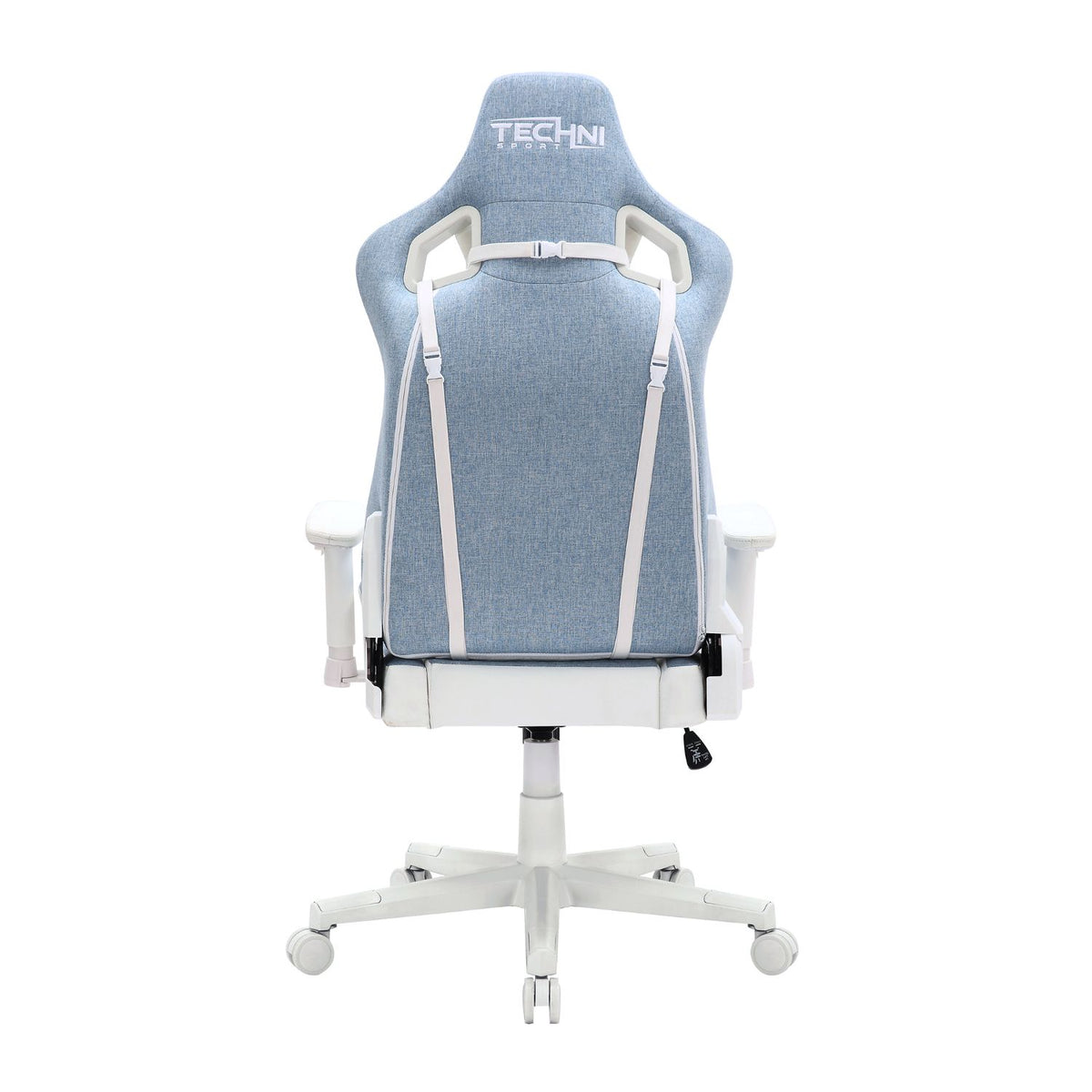 Blue and white gaming chair with 'Techni' branding on a white background 