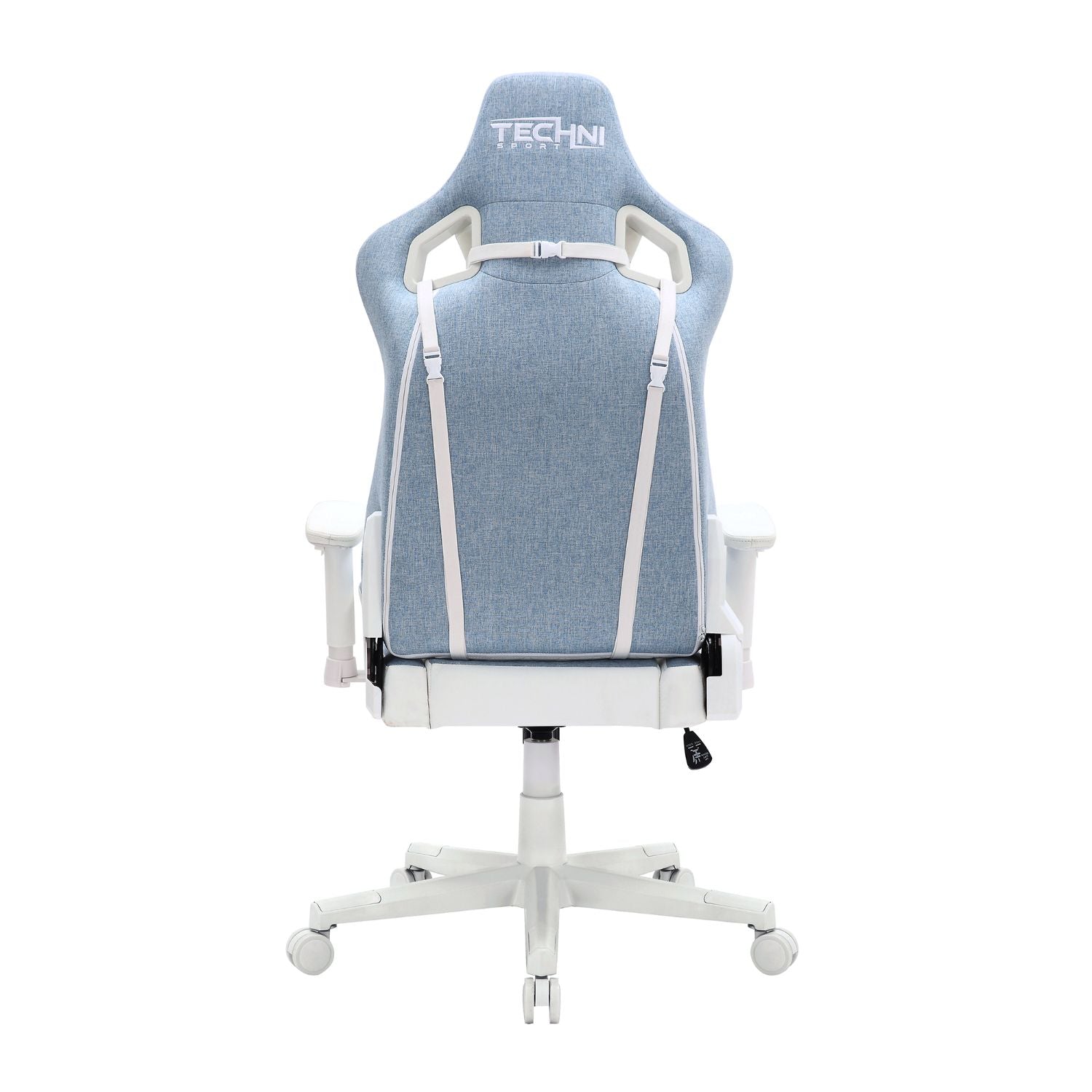 Blue and white gaming chair with 'Techni' branding on a white background 