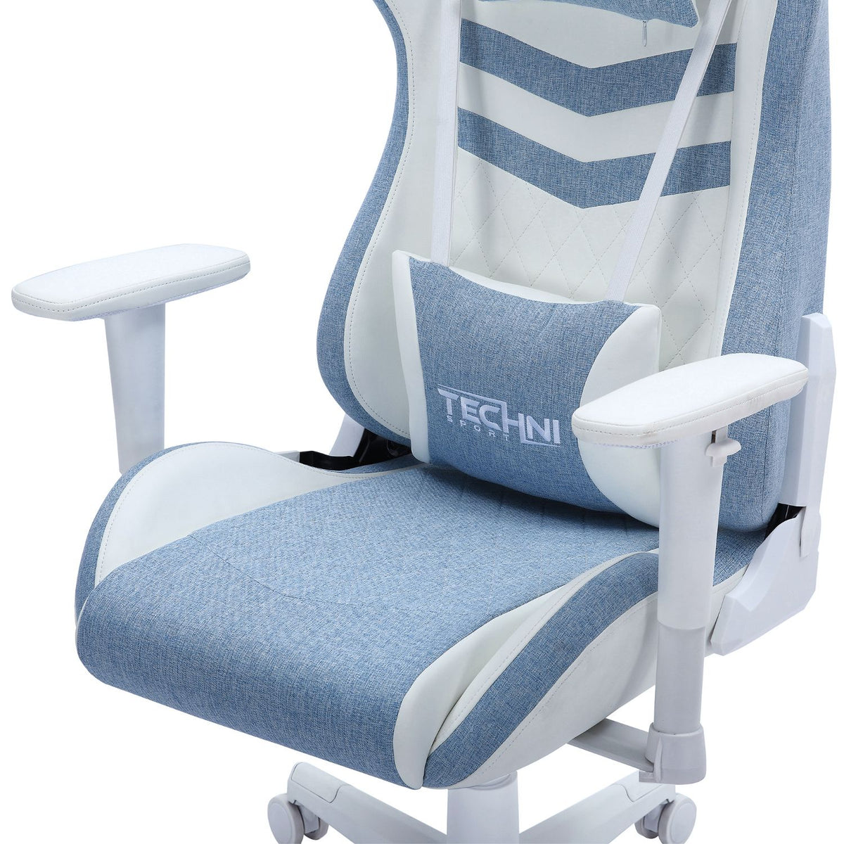Blue and white ergonomic chair with 'Techni Sport' branding on a white background 