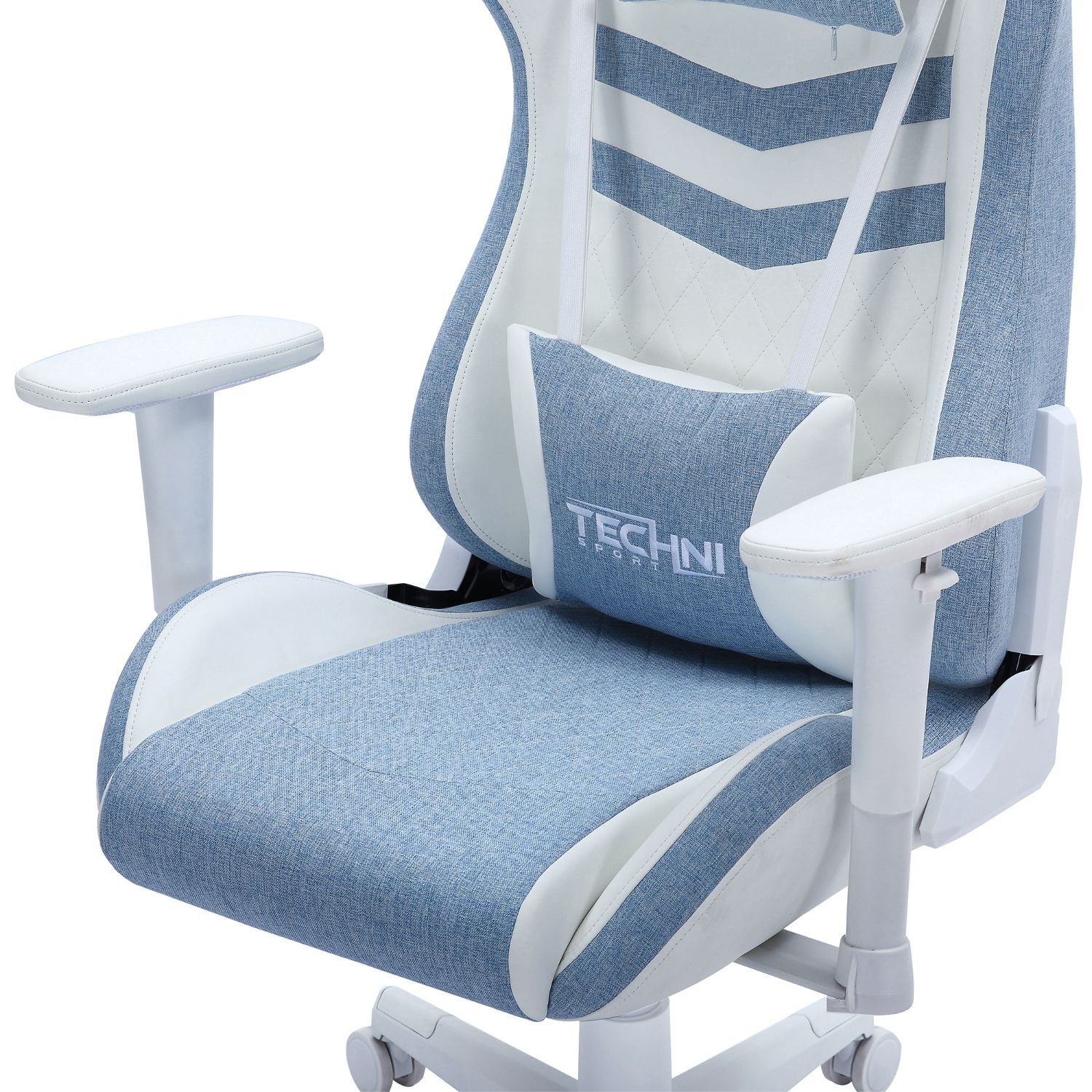 Blue and white ergonomic chair with 'Techni Sport' branding on a white background 