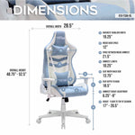 Blue and white office chair with dimensions displayed on a white background 