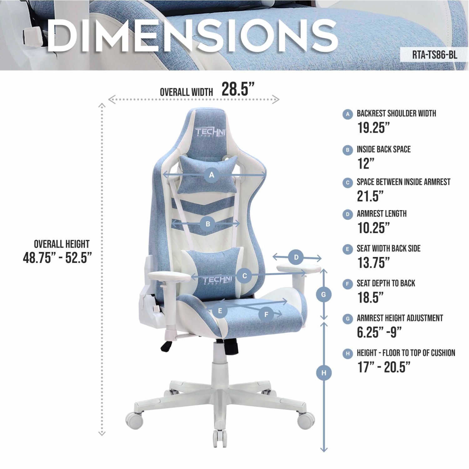 Blue and white office chair with dimensions displayed on a white background 