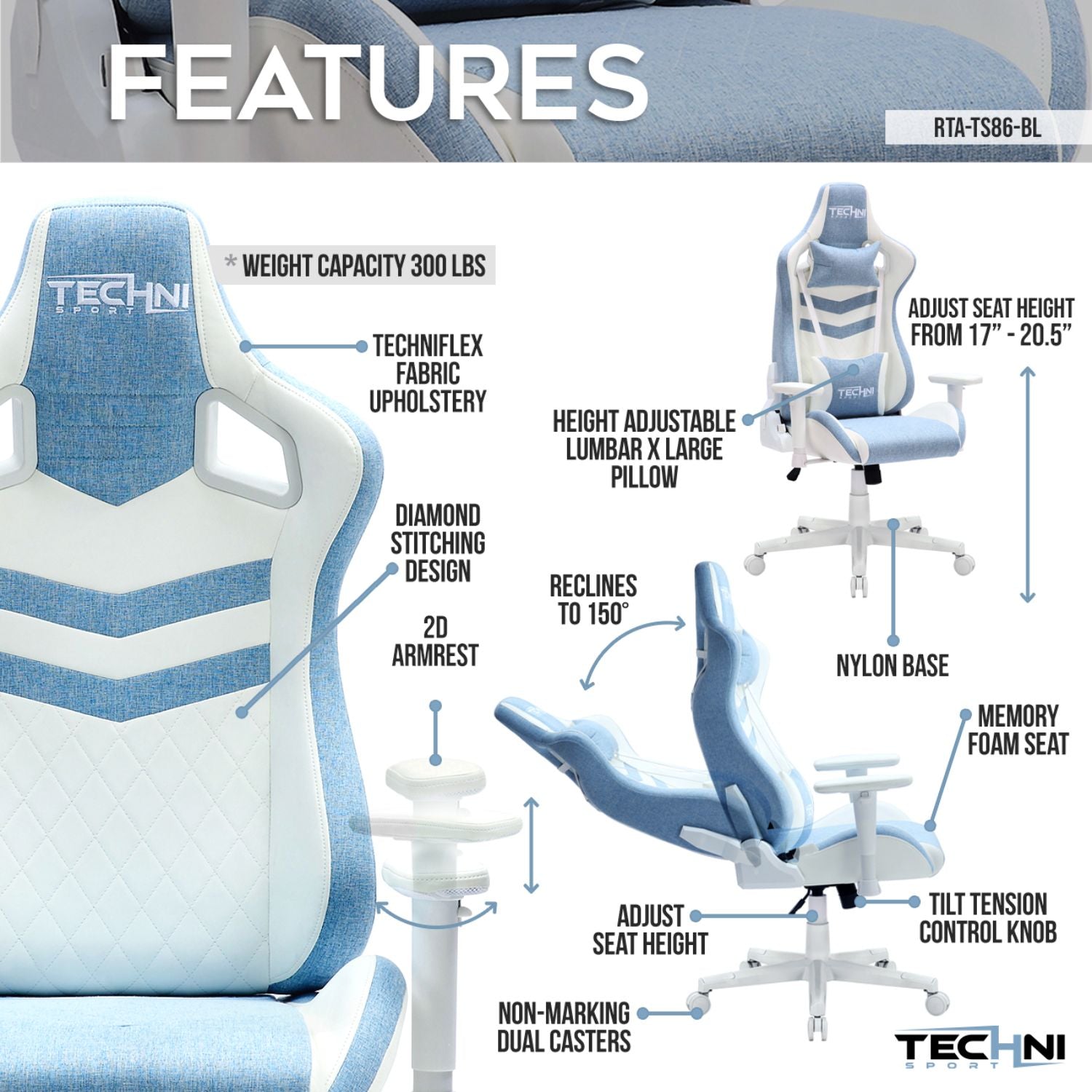 blue gaming chair with features 