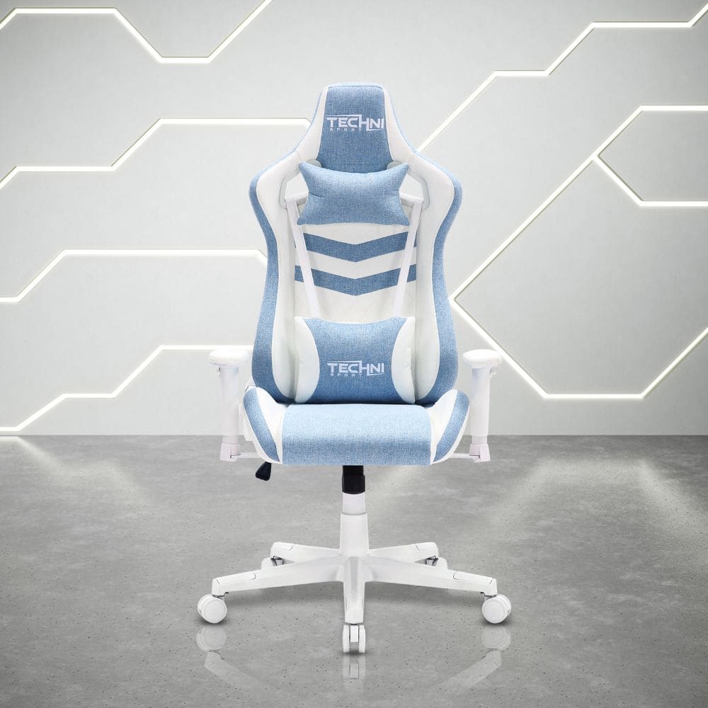 Light blue and white gaming chair with two removable pillows  