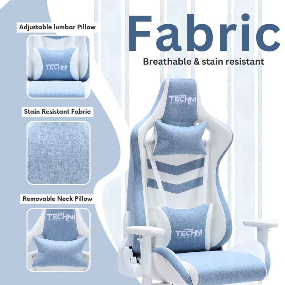 This blue gaming chair features an adjustable lumbar pillow, strain resistant fabric and removable neck pillow. 