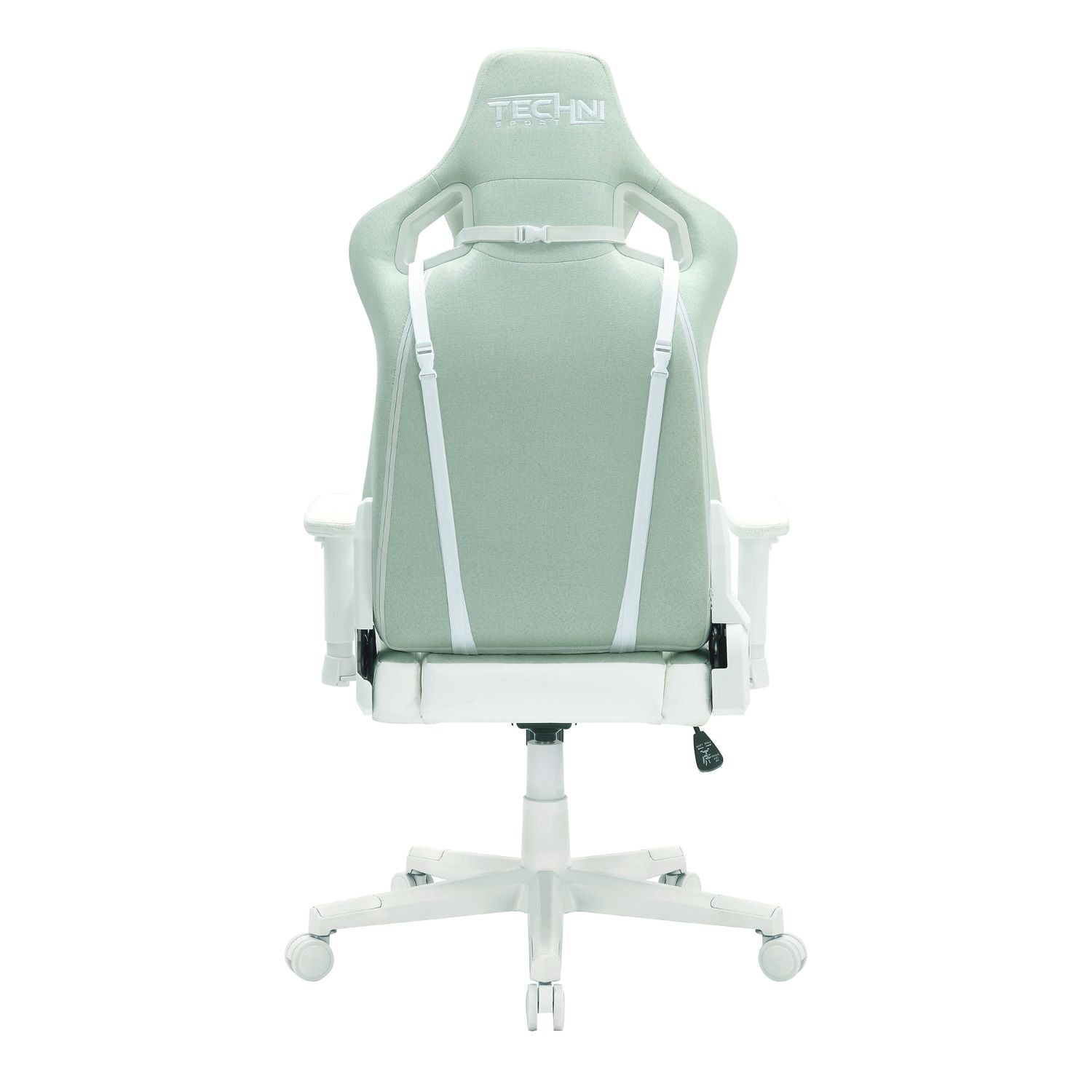 Gaming chair with white frame and green backrest on a white background 