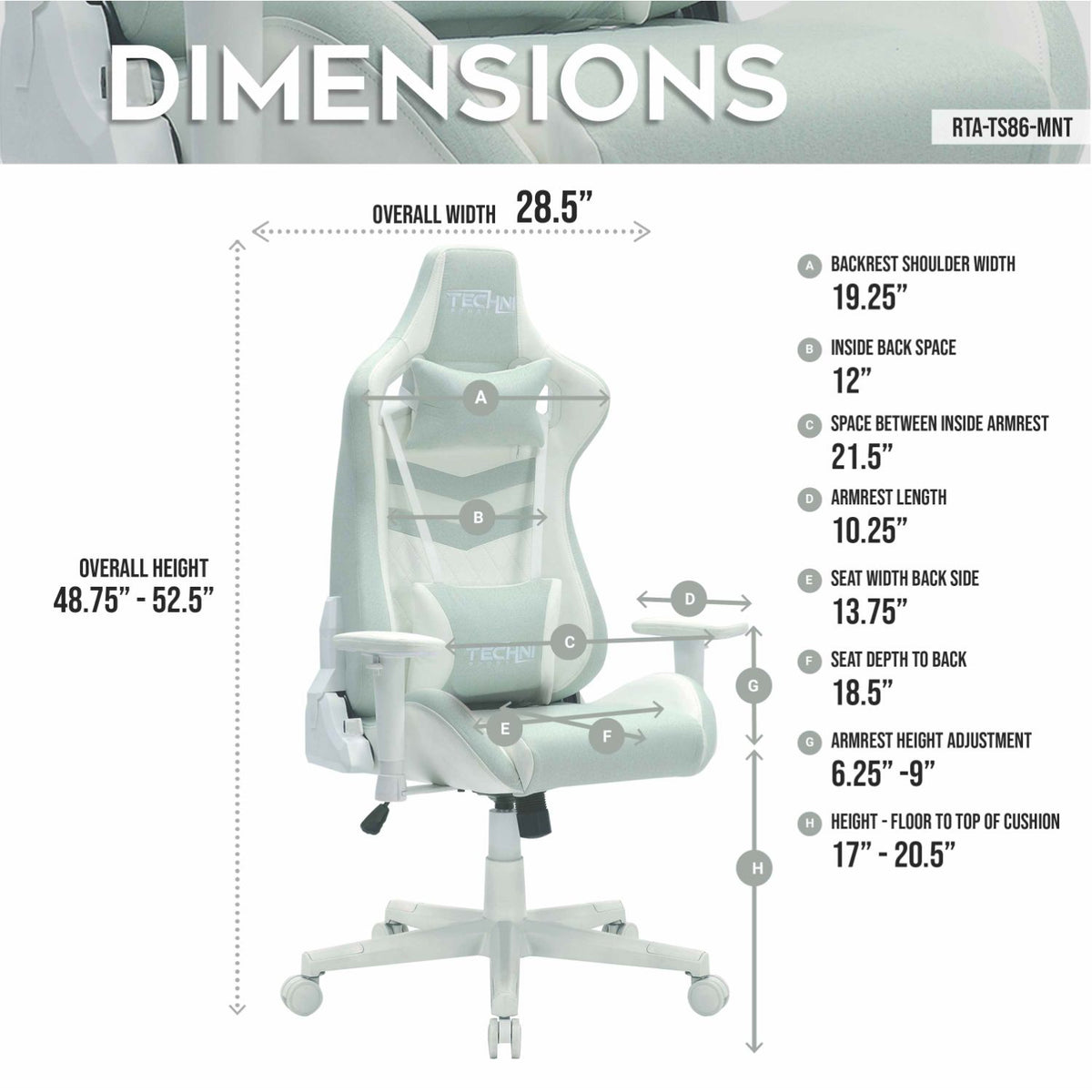dimensions of mint gaming chair with white frame 