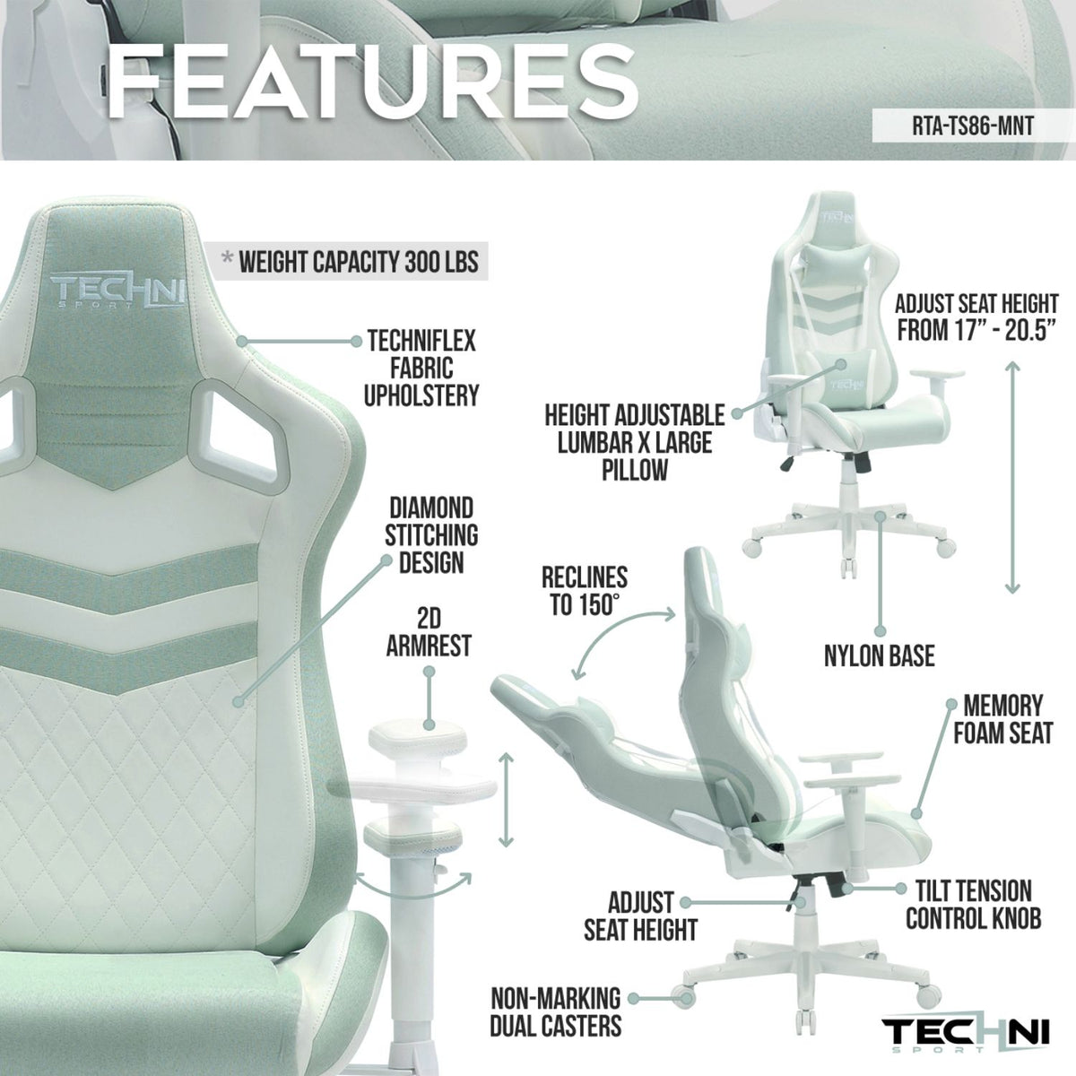 Ergonomic green gaming chair with padded armrests and memory foam seat.  