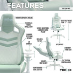 Ergonomic green gaming chair with padded armrests and memory foam seat.  