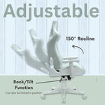 Adjustable, green gaming chair with a full 150 degree recline and rock/tilt function.