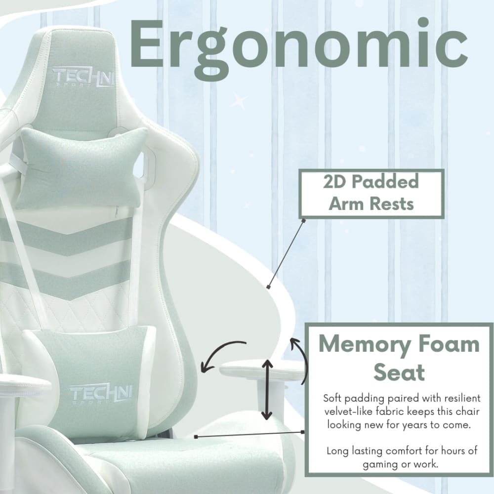 Ergonomic green gaming chair with padded armrests and memory foam seat.