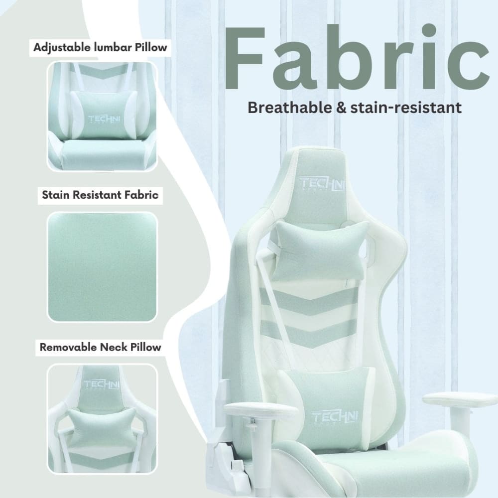 The green gaming chair is perfect to bring comfort to green gaming setups; with adjustable lumbar pillow, stain resistant fabric and removable neck pillow it is sure to bring comfort for hours. 