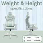 The mint green gaming chair holds up to 300lbs of weight is ideal for any one between 5'1-6'0 in height.