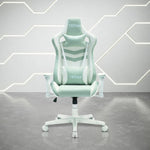 Light green and white ergonomic gaming chair with adjustable lumbar and headrest pillows.