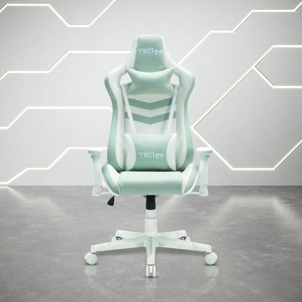 Light green and white ergonomic gaming chair with adjustable lumbar and headrest pillows.