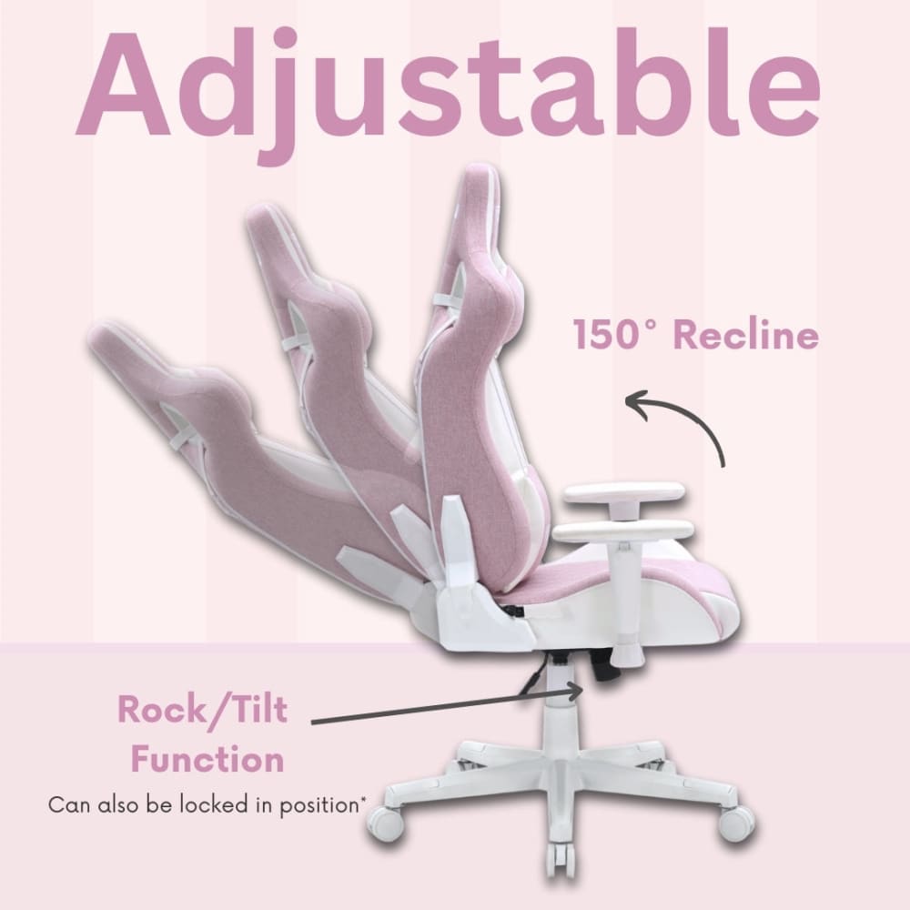 Adjustable pink and white gaming chair with recline and tilt functions.