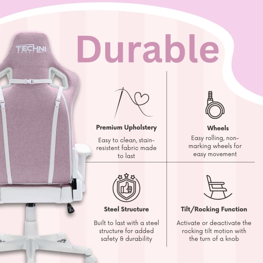 Durable pink gaming chair features; stain resistant fabric, non-marking wheels and steel structure make this a long lasting option.  
